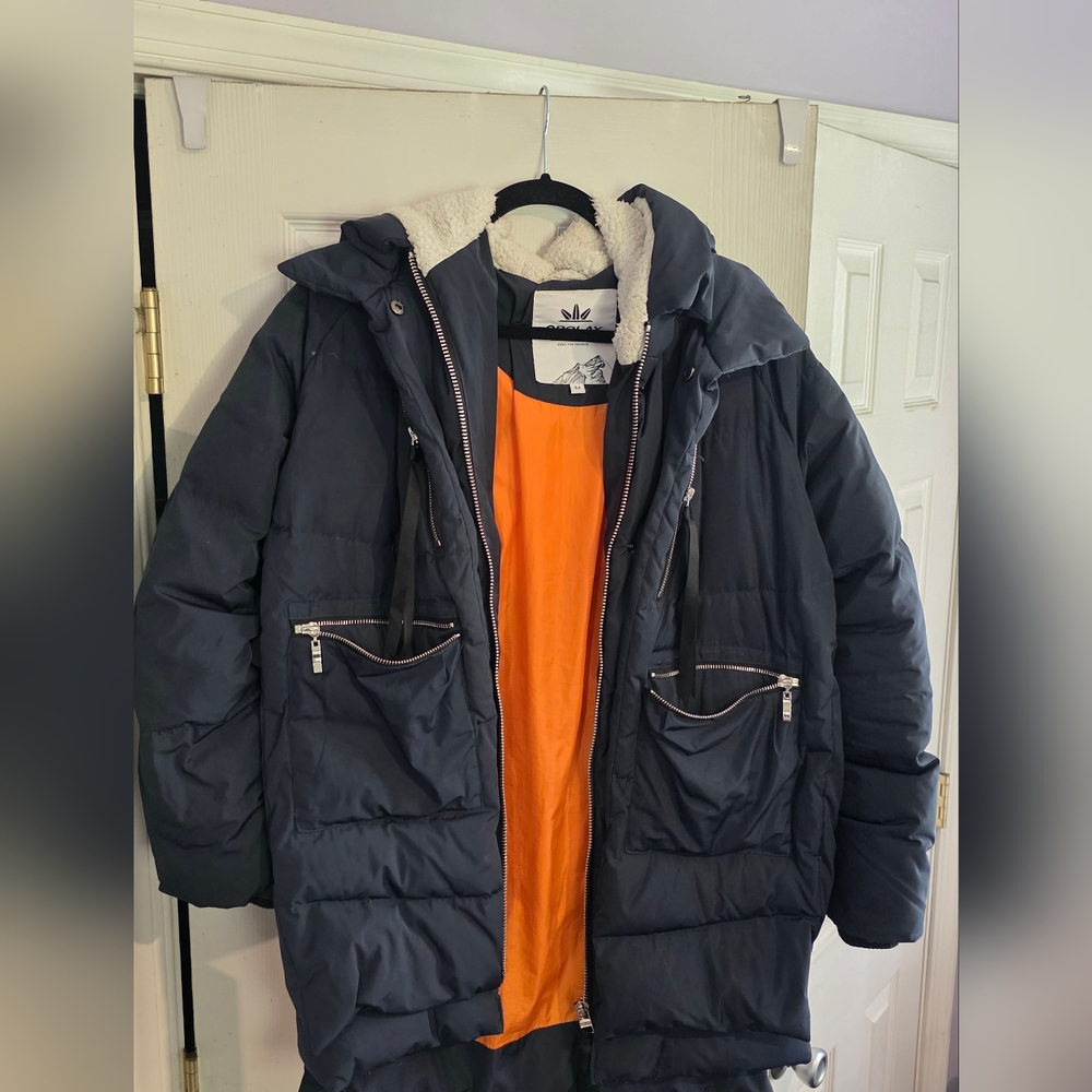 Orange and Blue Quilted Puffer Jacket with Hood